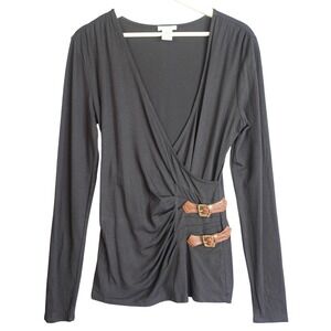 Vintage Y2K Cache Wrap Top M Black Brown Buckle Plunge Minimalist Office Siren